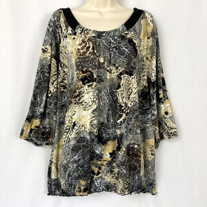 Dressbarn Top 2X Blouson Dolman Sleeve Slinky Knit Paisley Gray Tan Vintage Y2K